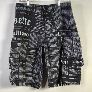 John Galliano Newspaper Print Shorts Men's Small Swim Wear Trunks Black White